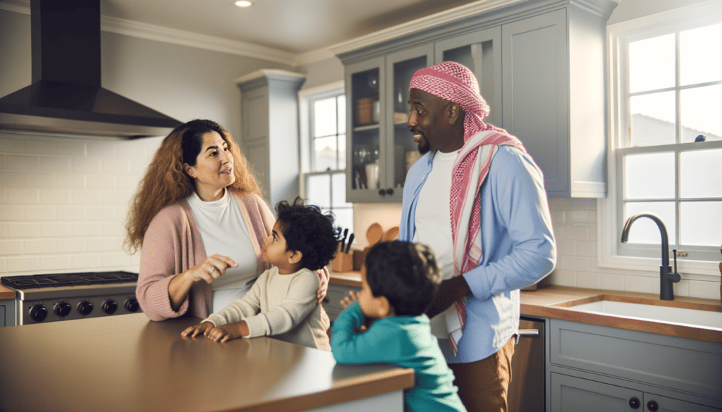 a family interacting naturally at home in their mold-resistant kitchen, The kitchen was built with mold resistant materials to create a mold free environment.